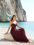 Strapless Bustier Pleated A Line Maxi Dress Burgundy