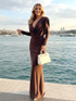Long Sleeve Draped Maxi Dress Brown