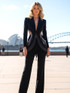 Long Sleeve Crystal Cut Out Detail Suit Black