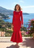Long Sleeve Crystal Neck Fluted Midi Dress Red