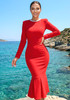 Long Sleeve Crystal Neck Fluted Midi Dress Red