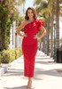 One Shoulder Embellished Ruffle Midi Dress Red