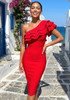 One Shoulder Embellished Ruffle Midi Dress Red