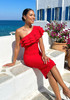 One Shoulder Embellished Ruffle Midi Dress Red