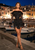 Long Sleeve Feather Bardot Sequin Two Piece Dress Black