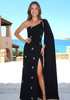 One Shoulder Crystal Detail Maxi Dress Black
