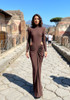 Long Sleeve Cut Out Draped Maxi Dress Brown