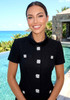 Short Sleeve Crystal Button Dress Black