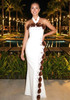 Halter Floral Crystal Maxi Dress White Brown