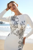 Long Sleeve Embellished Floral Detail Maxi Dress White