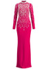 Long Sleeve Pearl Backless Maxi Dress Hot Pink