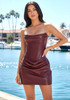 Strapless Draped Corset Faux Leather Dress Burgundy