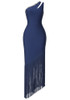 Crystal One Shoulder Tassel Maxi Dress Navy Blue