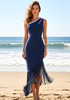 Crystal One Shoulder Tassel Maxi Dress Navy Blue