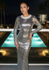 Long Sleeve Sequin Backless Bow Maxi Dress Silver