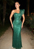 One Shoulder Sparkly Maxi Dress Green