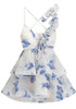 Floral Ruffle A Line Dress Blue