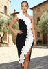 One Shoulder Ruffle Midi Dress Black White