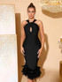 Halter Feather Hem Midi Dress Black