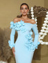 Long Sleeve Floral Bardot Maxi Dress Light Blue