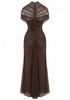 Draped Mesh Cut Out A Line Maxi Dress Brown