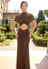 Draped Mesh Cut Out A Line Maxi Dress Brown