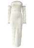 Long Sleeve Bardot Crystal Pearl Maxi Dress White
