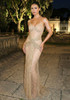 Strapless Crystal Sequin Draped Maxi Dress Nude