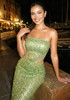 Strapless Sequin Mesh Insert Maxi Dress Green