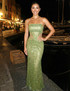 Strapless Sequin Mesh Insert Maxi Dress Green
