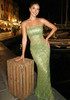 Strapless Sequin Mesh Insert Maxi Dress Green