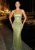 Strapless Sequin Mesh Insert Maxi Dress Green