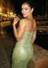 Strapless Sequin Mesh Insert Maxi Dress Green