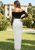 Long Sleeve Draped Bardot Maxi Dress Black White