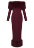 Long Sleeve Fur Bardot Midi Dress Burgundy