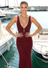Embellished Plunge V Neck Maxi Dress Burgundy