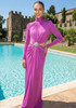 Long Sleeve Crystal Draped Maxi Dress Magenta