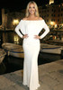 Long Sleeve Draped Bardot Maxi Dress White