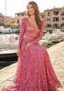 Long Sleeve Sequin A Line Maxi Dress Hot Pink