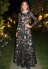 Long Sleeve Crystal Collar Floral A Line Maxi Dress Black White