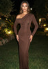 Long Sleeve Draped Neckline Maxi Dress Brown