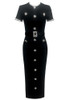 Short Sleeve Crystal Button Midi Dress Black