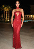 Strapless Crystal Sparkly Maxi Dress Red