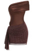 Draped Bardot Sparkly Dress Brown