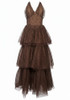 Halter Polka Dot Ruffle Maxi Dress Brown