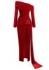 Long Sleeve Draped Bardot Maxi Velvet Dress Red