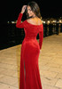 Long Sleeve Draped Bardot Maxi Velvet Dress Red