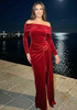 Long Sleeve Draped Bardot Maxi Velvet Dress Red