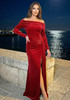 Long Sleeve Draped Bardot Maxi Velvet Dress Red