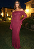 Long Sleeve Sparkly Bardot Maxi Dress Burgundy